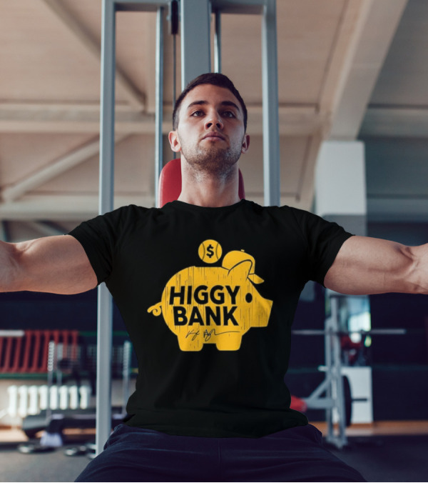 Higgy Bank Piggy Bank Graphic Baseball Theme With Signature And Dollar Sign T-Shirt