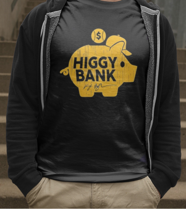 Higgy Bank Piggy Bank Graphic Baseball Theme With Signature And Dollar Sign T-Shirt