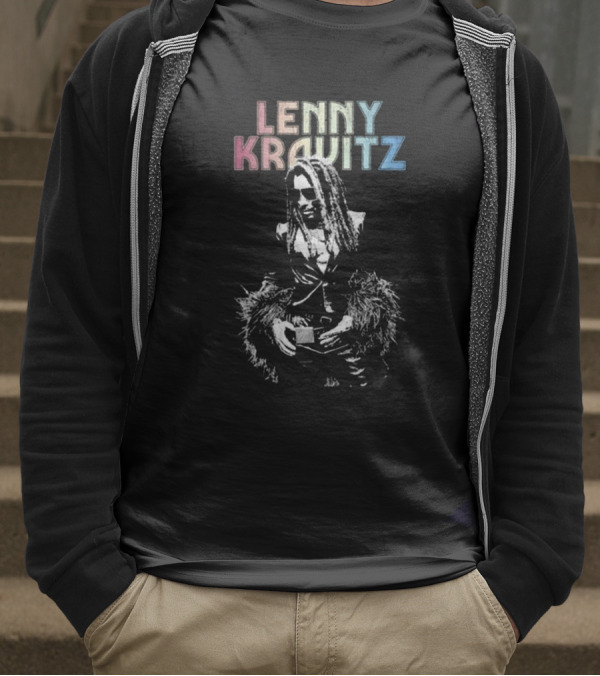 Lenny Kravitz Monochrome Portrait With Rainbow Letters T-Shirt