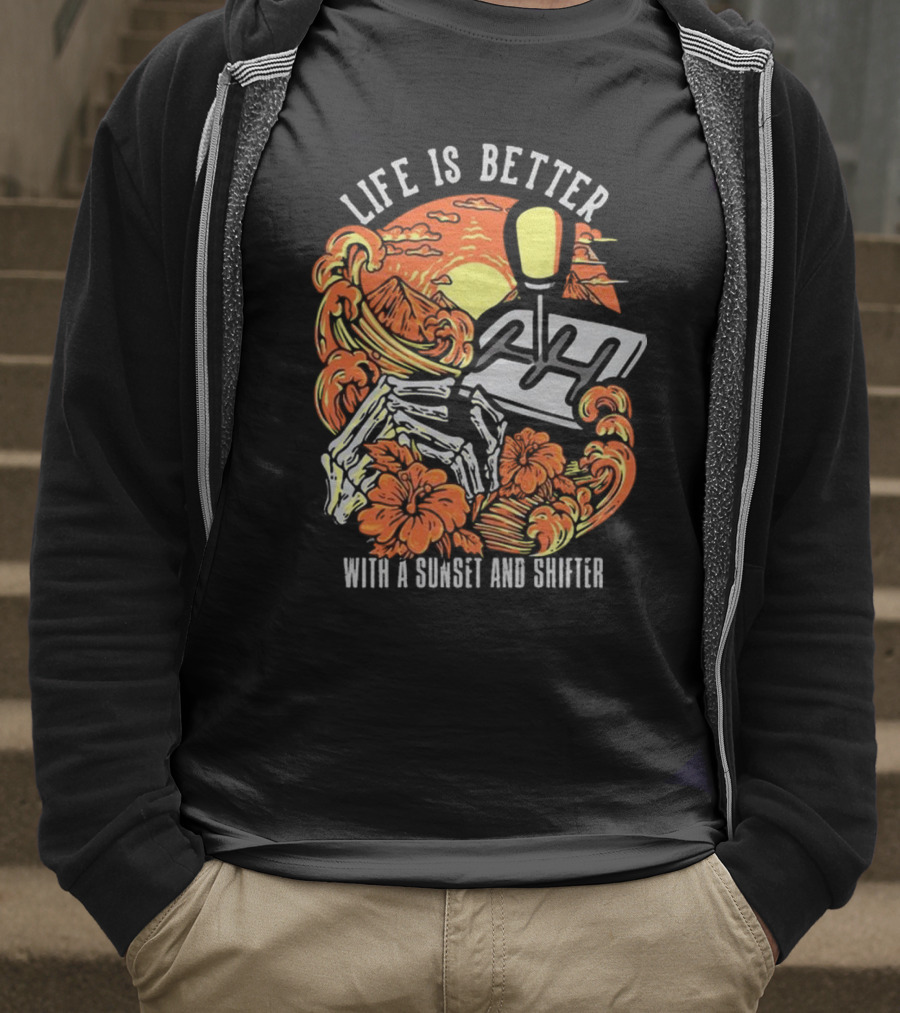 Life Is Better With A Sunset And Shifter Orange Skeleton Floral Waves T-Shirt