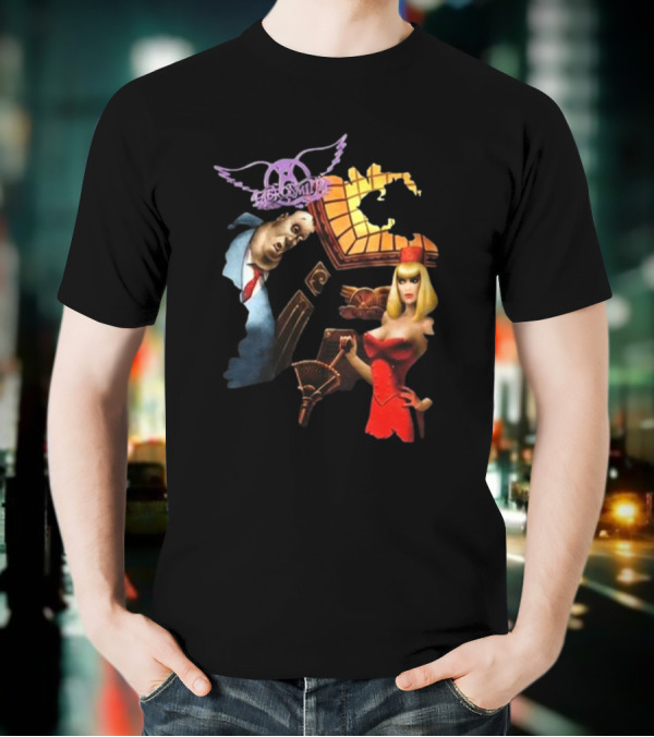 Aerosmith Love In An Elevator Cartoon Artwork With Woman In Red Dress And Man In Suit T-Shirt