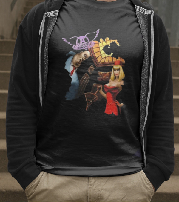 Aerosmith Love In An Elevator Cartoon Artwork With Woman In Red Dress And Man In Suit T-Shirt