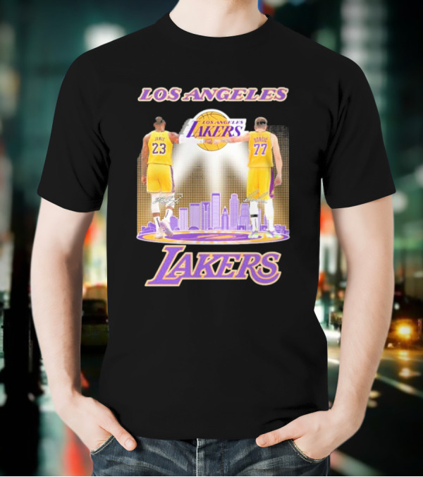 Los Angeles Lakers Luka Doncic Lebron James 23 77 City Skyline T-Shirt