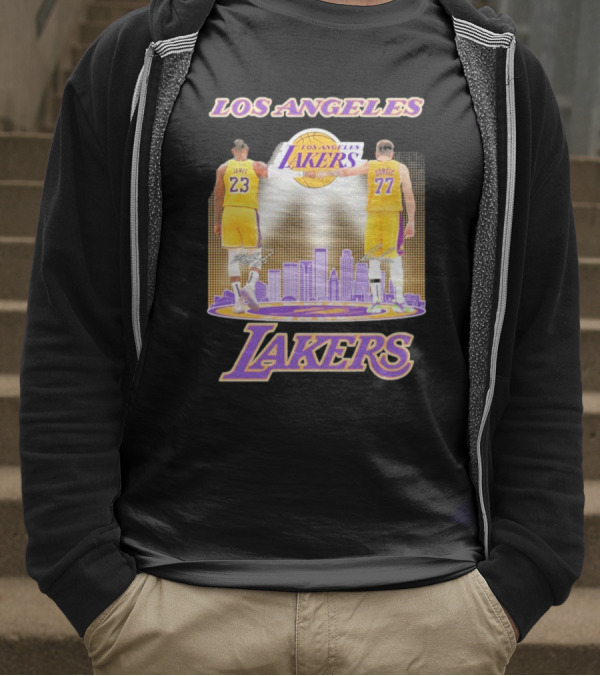 Los Angeles Lakers Luka Doncic Lebron James 23 77 City Skyline T-Shirt