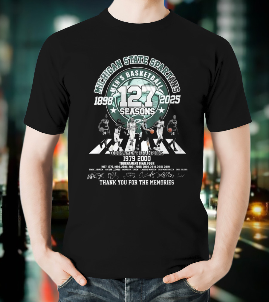 Michigan State Spartans Men's Basketball 127 Seasons 1898-2025 Thank You For The Memories 1979 2000 Signatures T-Shirt