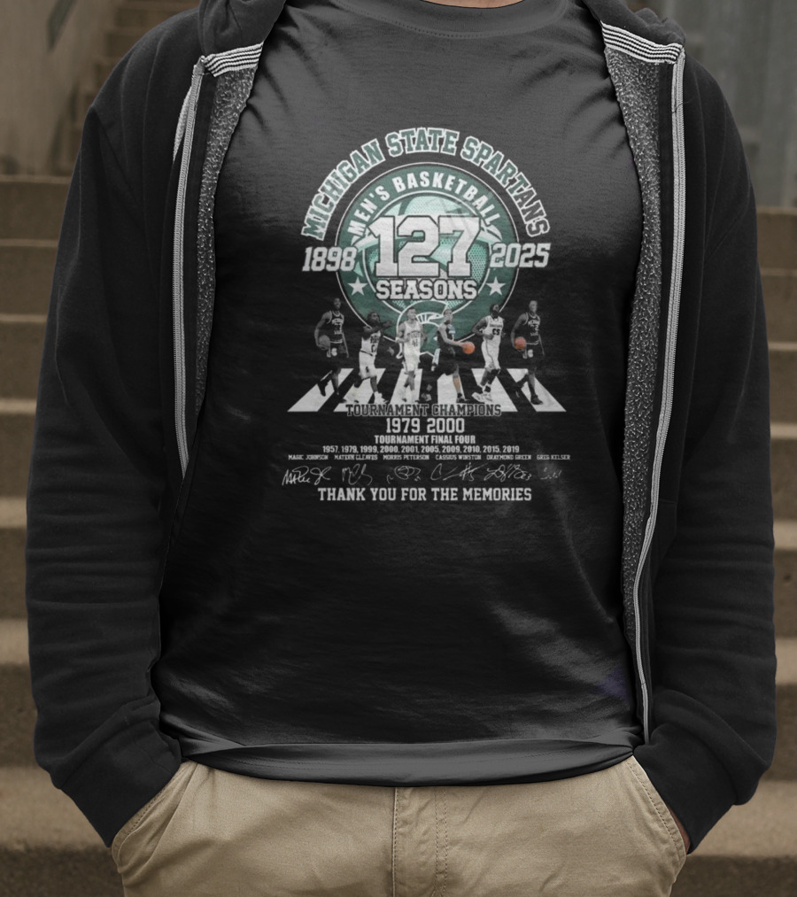 Michigan State Spartans Men's Basketball 127 Seasons 1898-2025 Thank You For The Memories 1979 2000 Signatures T-Shirt