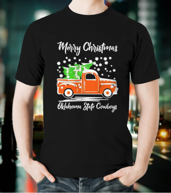 Merry Christmas Oklahoma State Cowboys Orange Truck Snowflakes Green Trees T-Shirt