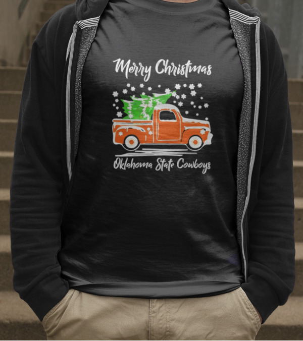 Merry Christmas Oklahoma State Cowboys Orange Truck Snowflakes Green Trees T-Shirt