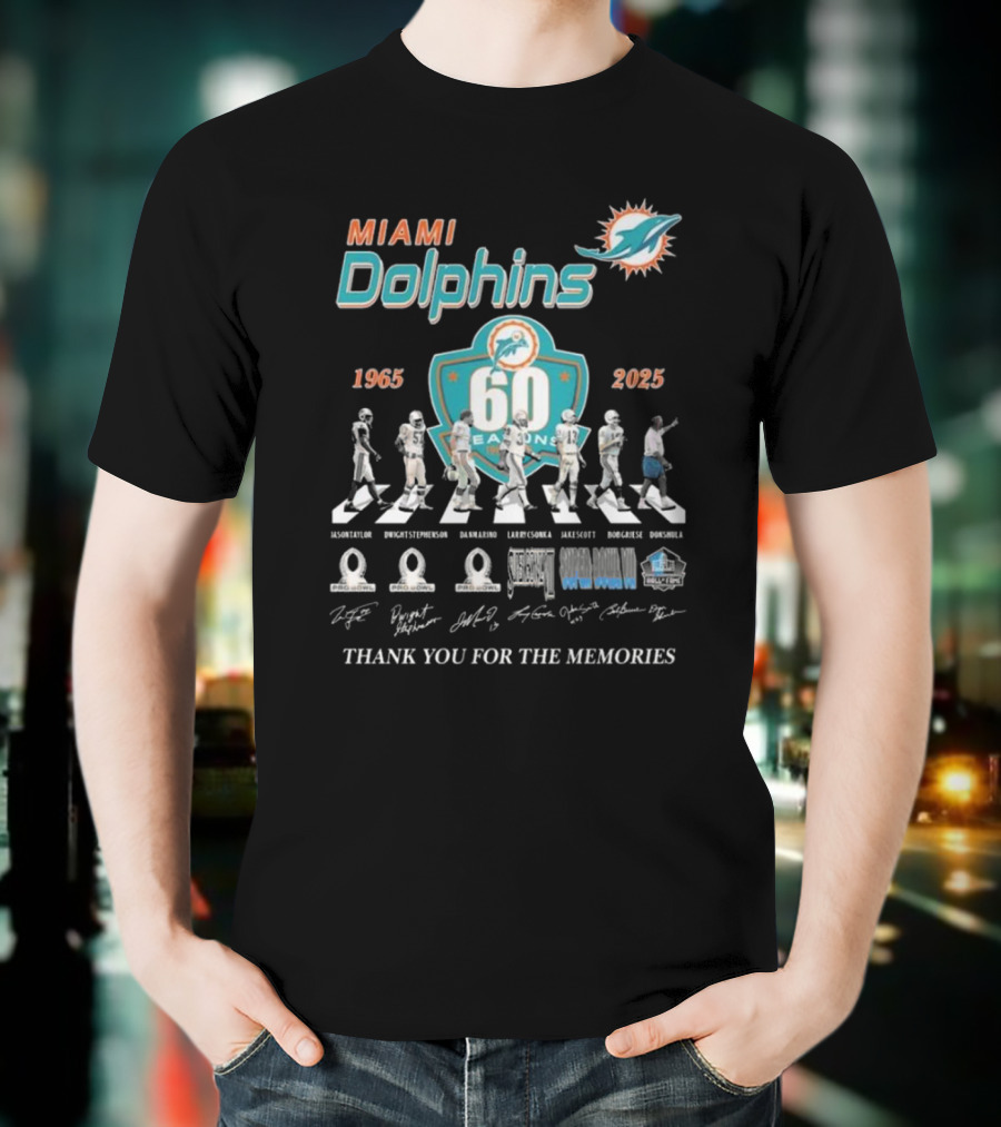 Miami Dolphins 60 Seasons 1965-2025 Thank You For The Memories Signatures T-Shirt