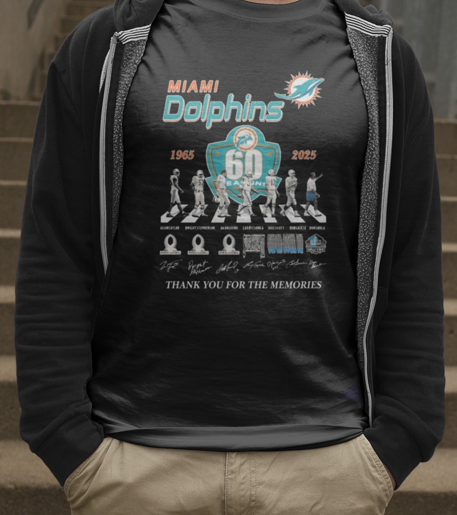Miami Dolphins 60 Seasons 1965-2025 Thank You For The Memories Signatures T-Shirt