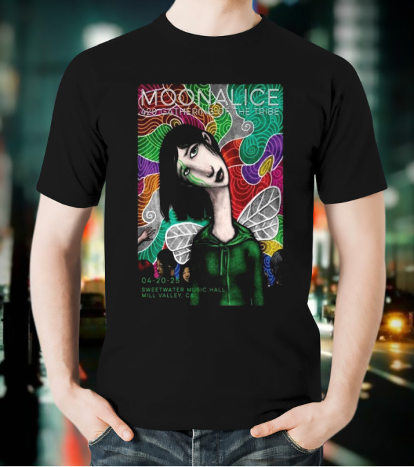 MOONALICE 420 Gathering Of The Tribe 04-20-2025 Sweetwater Music Hall Mill Valley CA Colorful Psychedelic Art With Winged Character T-Shirt