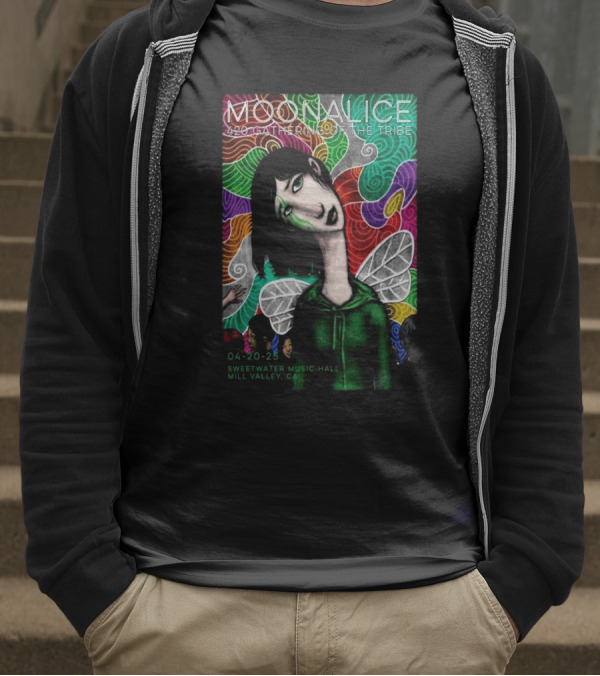 MOONALICE 420 Gathering Of The Tribe 04-20-2025 Sweetwater Music Hall Mill Valley CA Colorful Psychedelic Art With Winged Character T-Shirt
