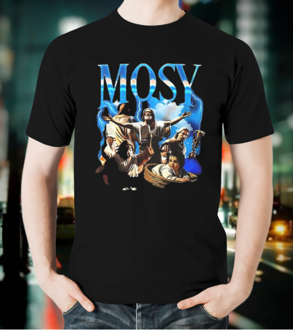 Mosy Moses Biblical Imagery With Lightning Clouds And Figures T-Shirt