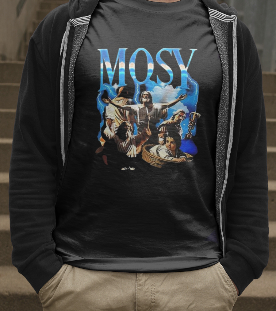 Mosy Moses Biblical Imagery With Lightning Clouds And Figures T-Shirt