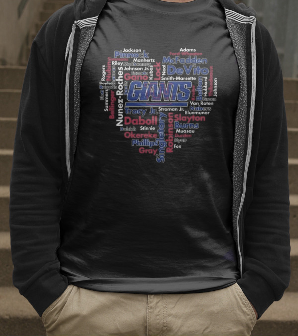 New York Giants Team Names Heart Word Cloud Fan Tribute T-Shirt