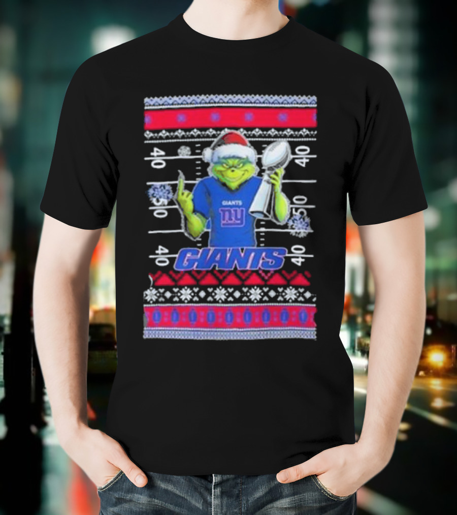 New York Giants Grinch Christmas With Lombardi Trophy Ugly Sweater T-Shirt