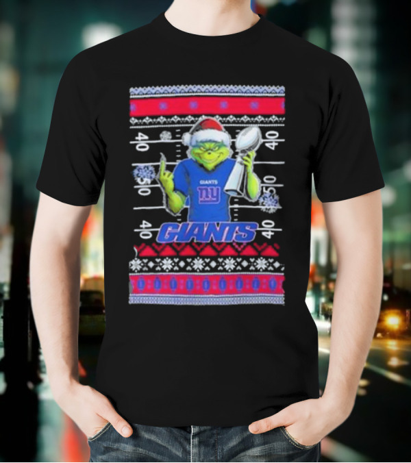 New York Giants Grinch Christmas With Lombardi Trophy Ugly Sweater T-Shirt