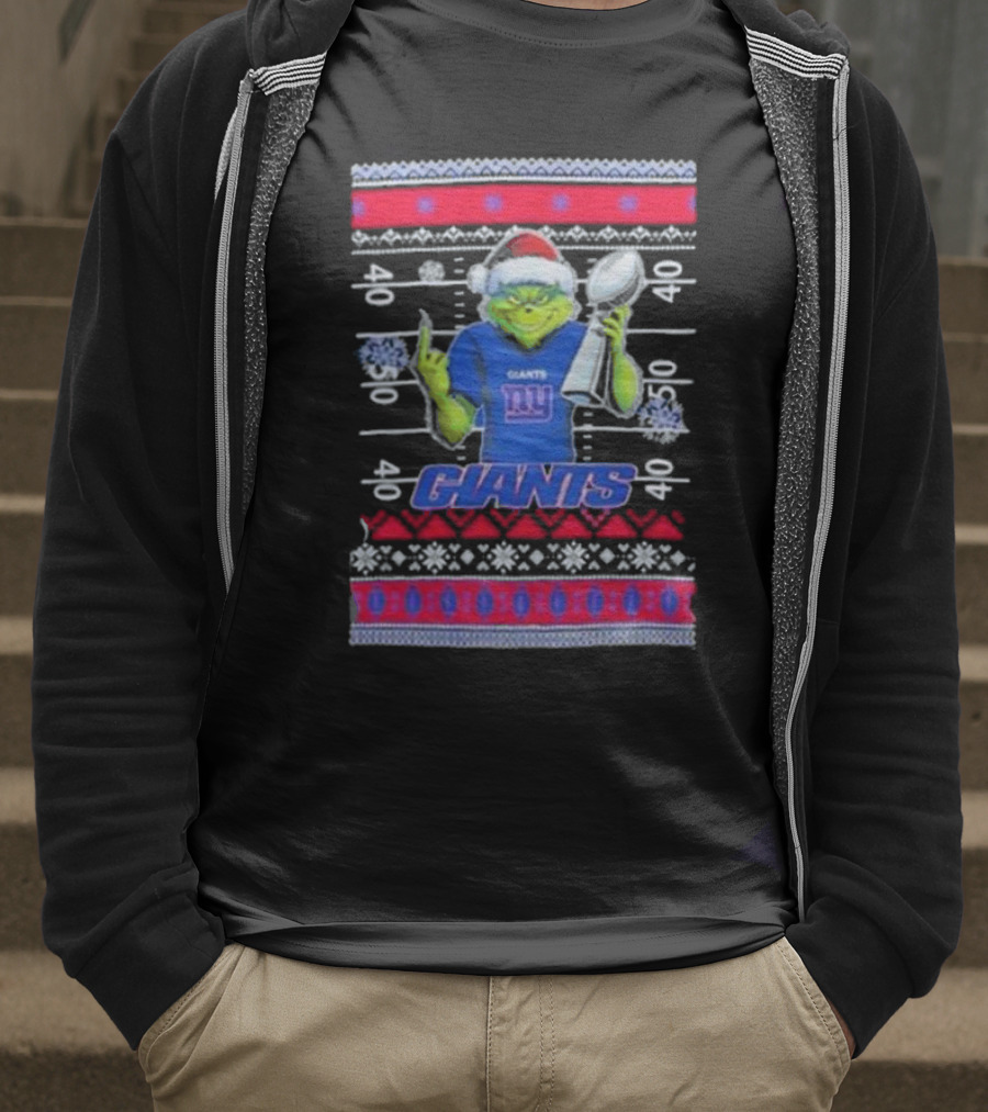 New York Giants Grinch Christmas With Lombardi Trophy Ugly Sweater T-Shirt