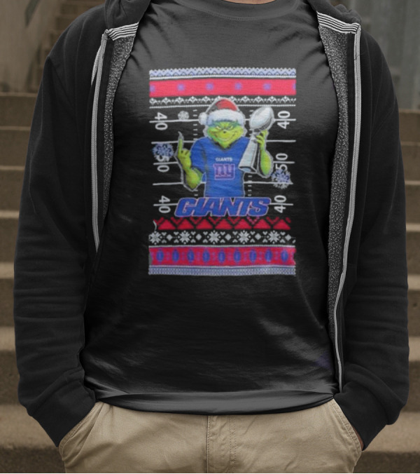 New York Giants Grinch Christmas With Lombardi Trophy Ugly Sweater T-Shirt