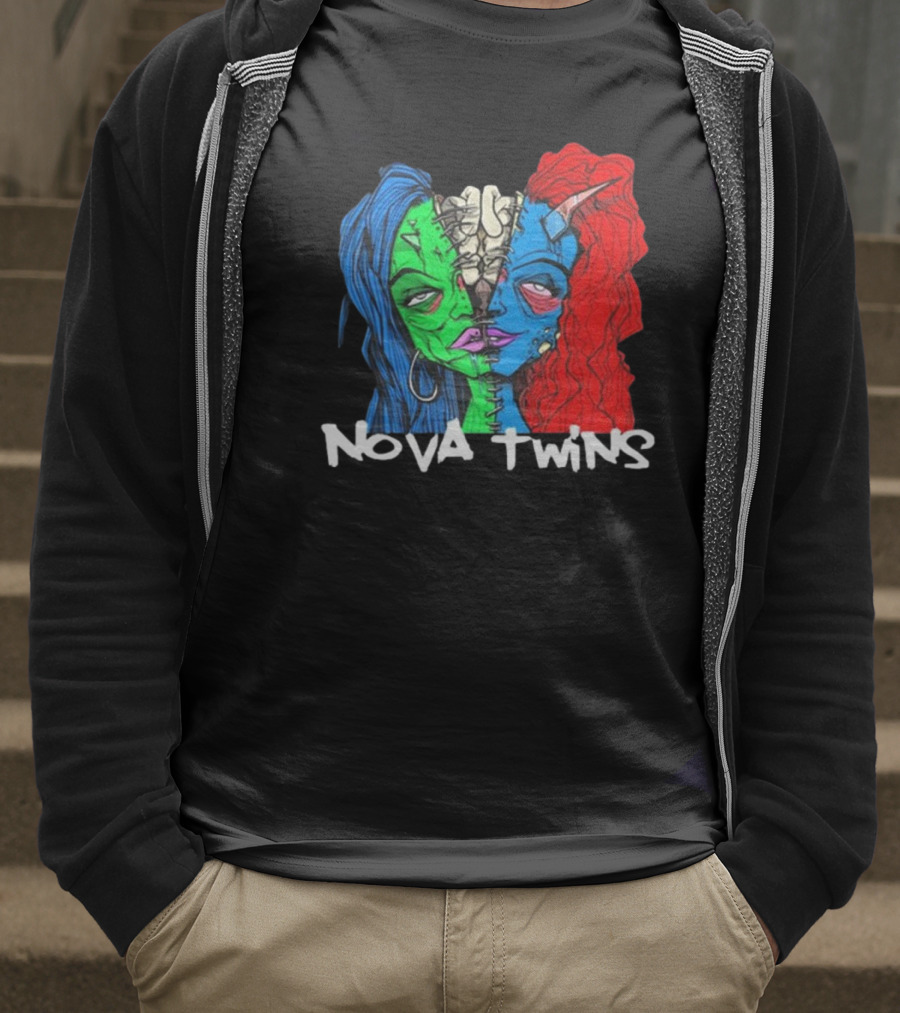 Nova Twins Monster Head Blue Green Red Hair Two-Faced Artwork T-Shirt