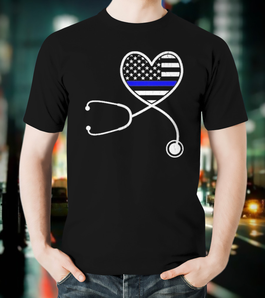 Nurse Life Police Wife American Flag Heart Stethoscope Blue Line T-Shirt