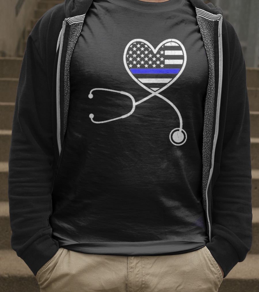 Nurse Life Police Wife American Flag Heart Stethoscope Blue Line T-Shirt