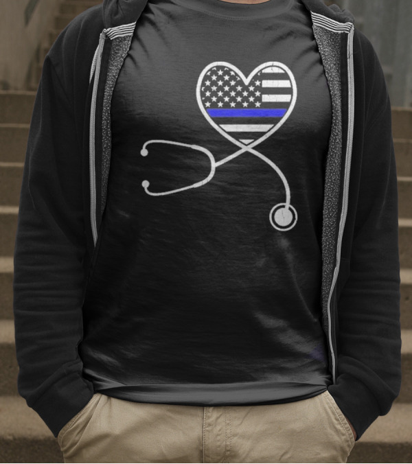Nurse Life Police Wife American Flag Heart Stethoscope Blue Line T-Shirt