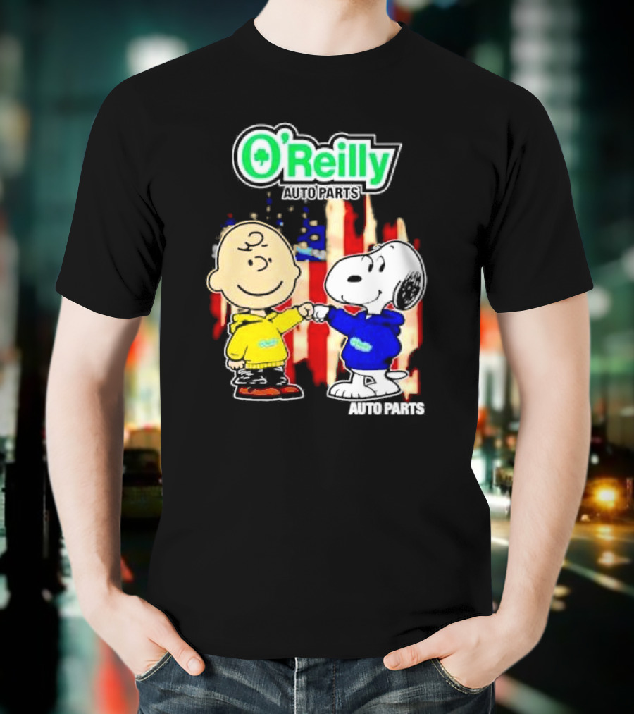 O’Reilly Auto Parts Charlie Brown Snoopy American Flag T-Shirt