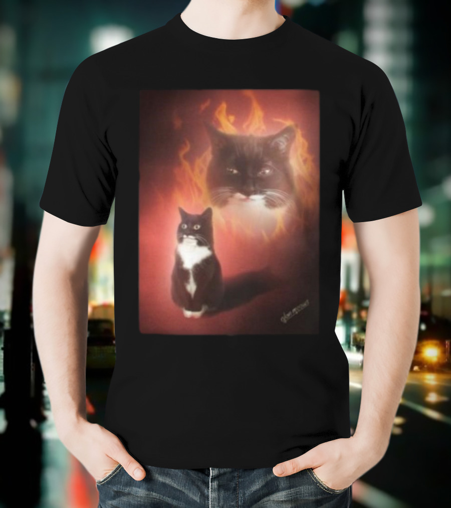Olan Meows Black And White Cat Flames Retro Theme T-Shirt