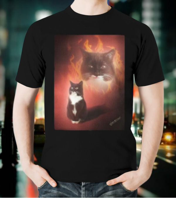 Olan Meows Black And White Cat Flames Retro Theme T-Shirt