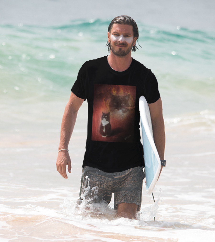 Olan Meows Black And White Cat Flames Retro Theme T-Shirt