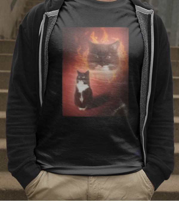 Olan Meows Black And White Cat Flames Retro Theme T-Shirt