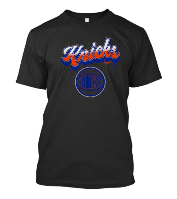 New York Knicks Orange Blue Bubbly Script Basketball Emblem T-Shirt