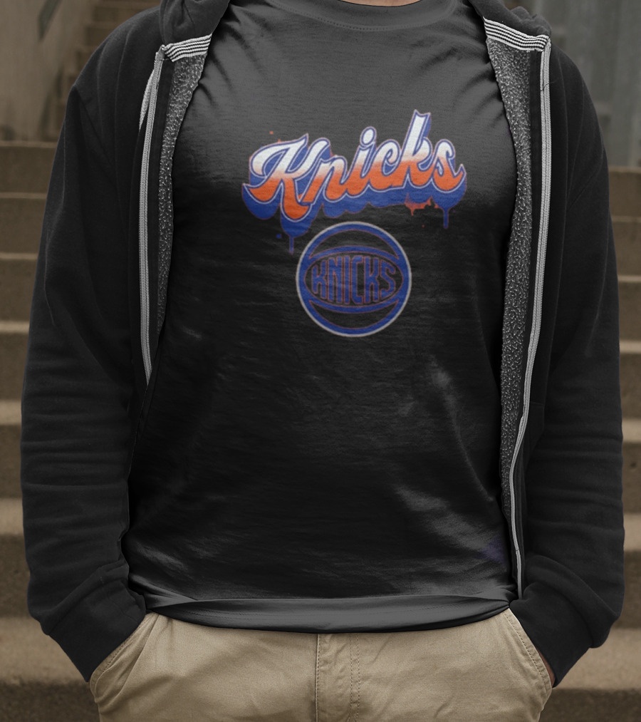 New York Knicks Orange Blue Bubbly Script Basketball Emblem T-Shirt