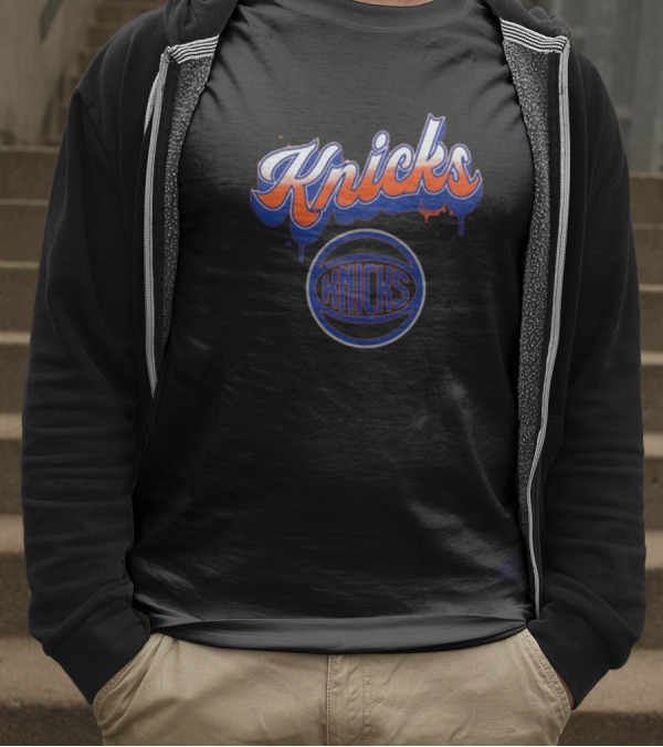 New York Knicks Orange Blue Bubbly Script Basketball Emblem T-Shirt