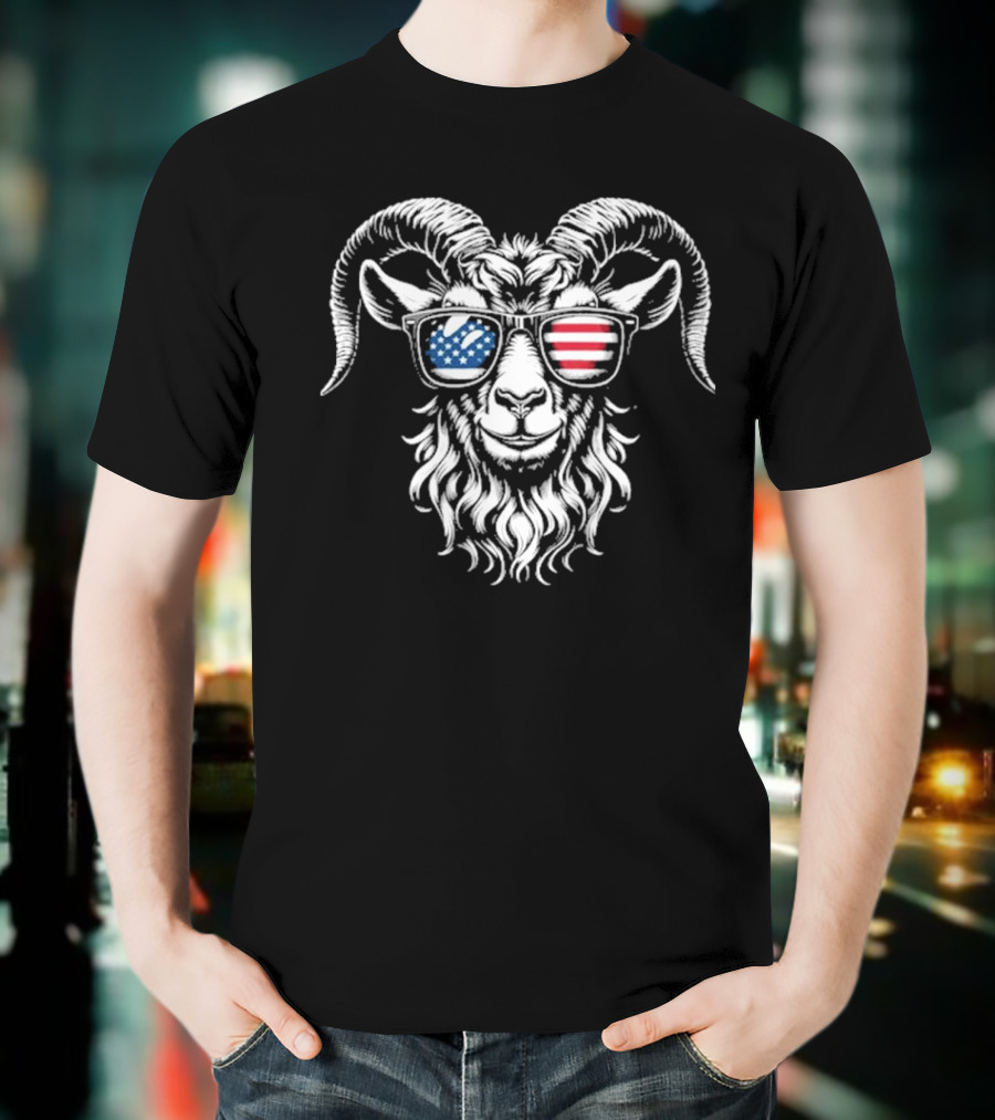 Patriotic Goat With American Flag Sunglasses Design T-Shirt