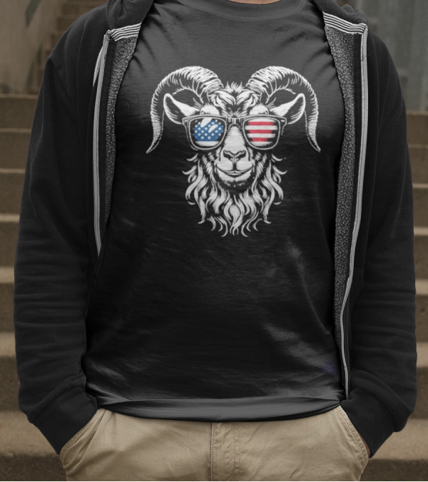 Patriotic Goat With American Flag Sunglasses Design T-Shirt