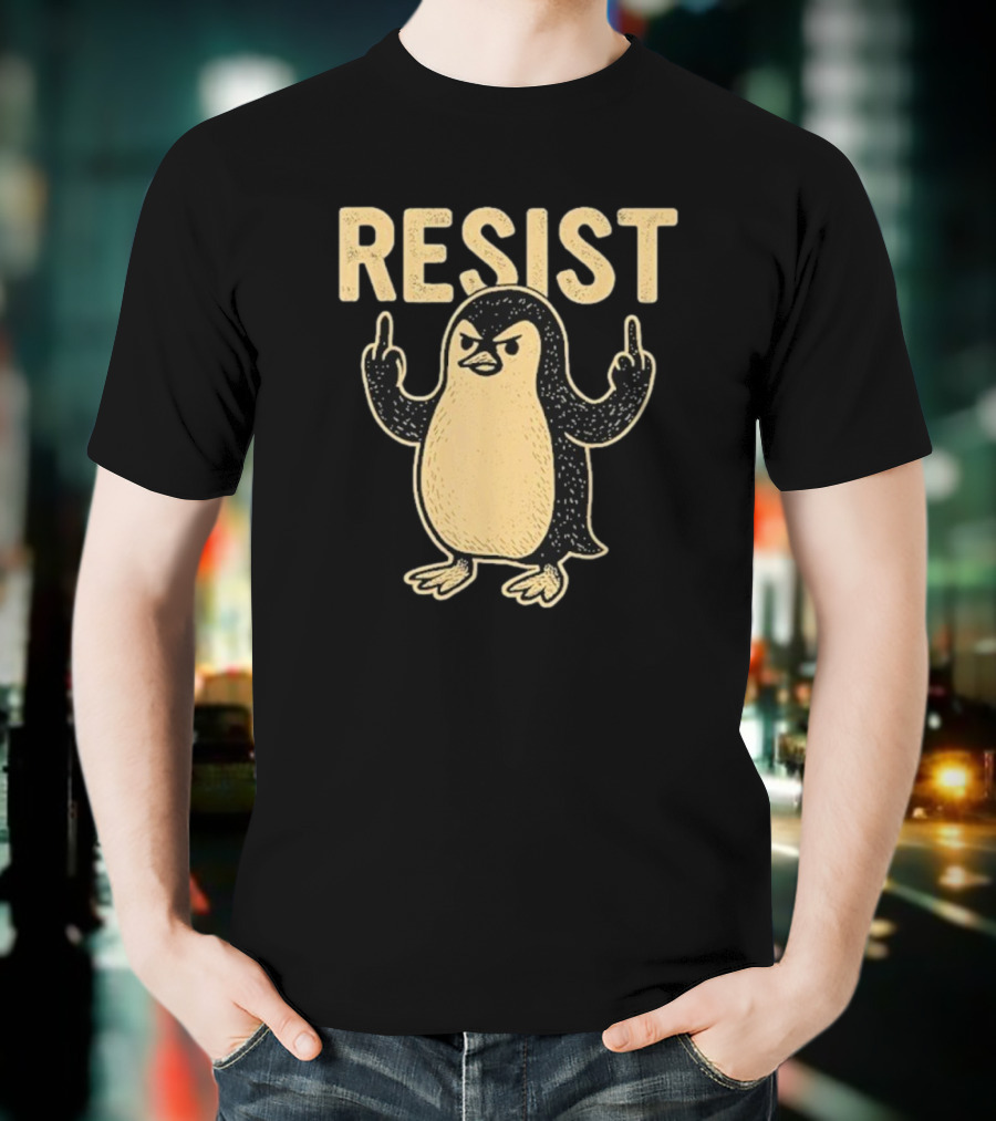 Resist Penguin Middle Finger Protest Symbol T-Shirt
