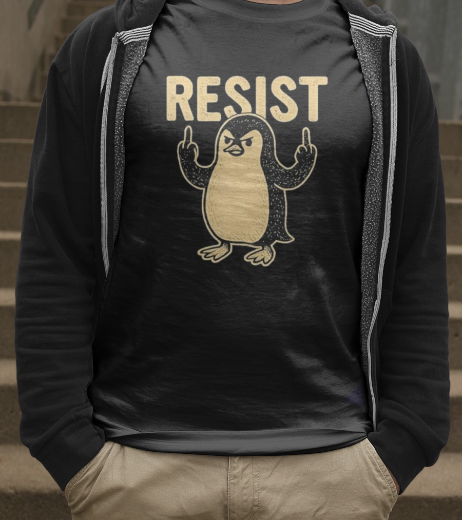 Resist Penguin Middle Finger Protest Symbol T-Shirt