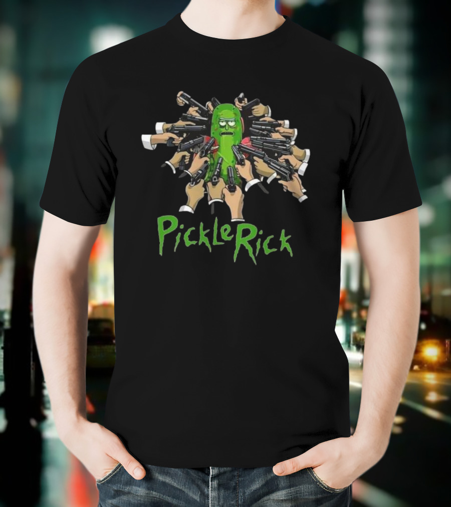 Pickle Rick Surrounded By Guns John Wick Baba Yaga Style T-Shirt