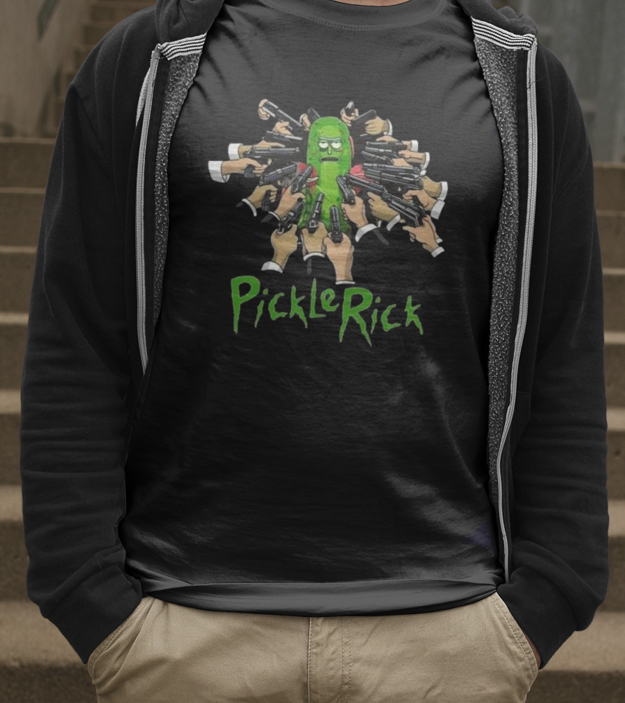 Pickle Rick Surrounded By Guns John Wick Baba Yaga Style T-Shirt