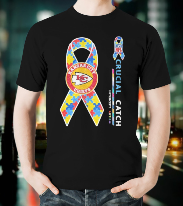 Kansas City Chiefs NFL Puzzle Ribbon Autism Awareness Crucial Catch T-Shirt