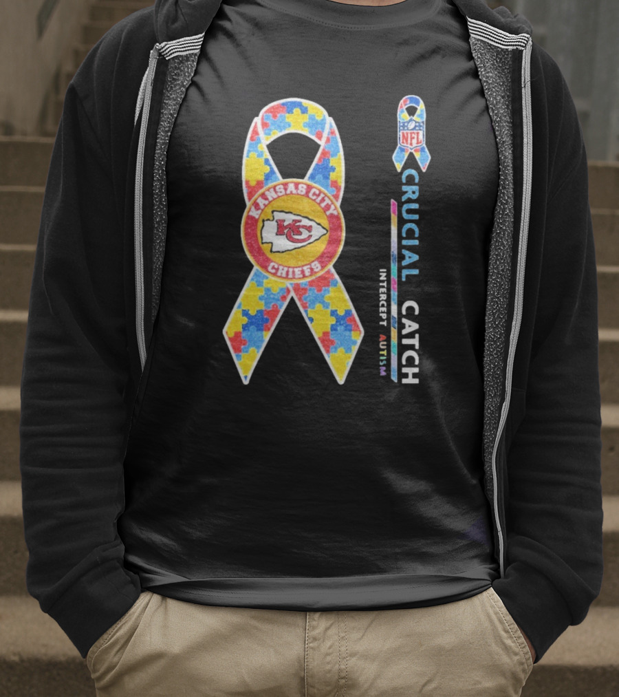 Kansas City Chiefs NFL Puzzle Ribbon Autism Awareness Crucial Catch T-Shirt
