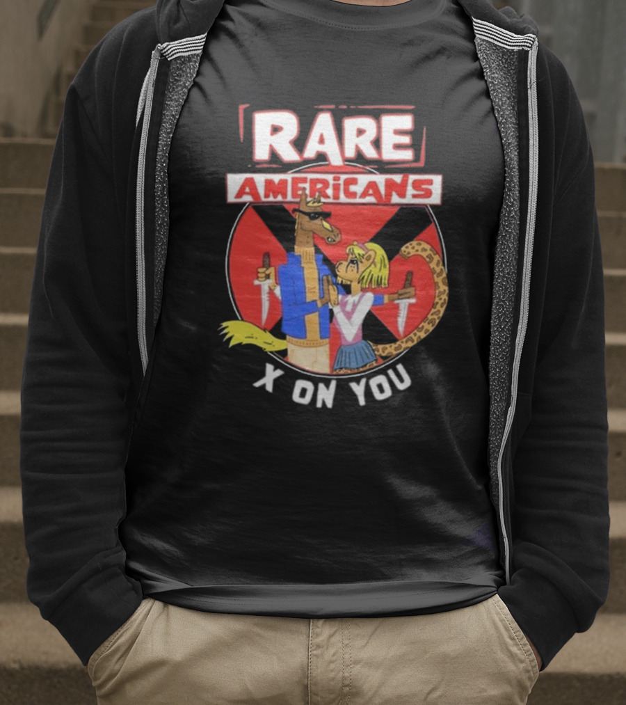 Rare Americans X On You Two Characters Holding Knives Circular Badge T-Shirt
