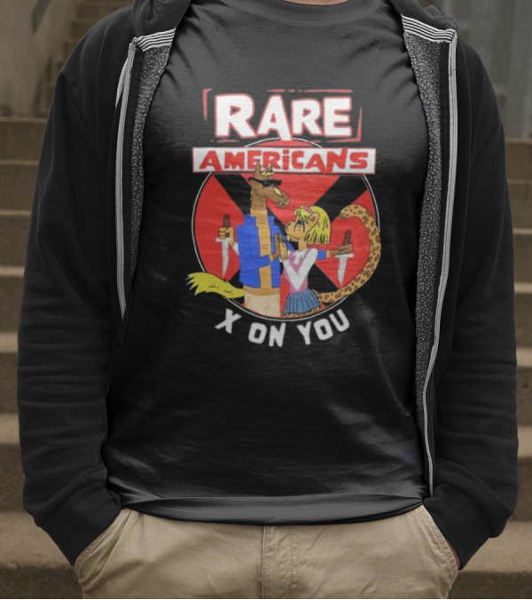 Rare Americans X On You Two Characters Holding Knives Circular Badge T-Shirt