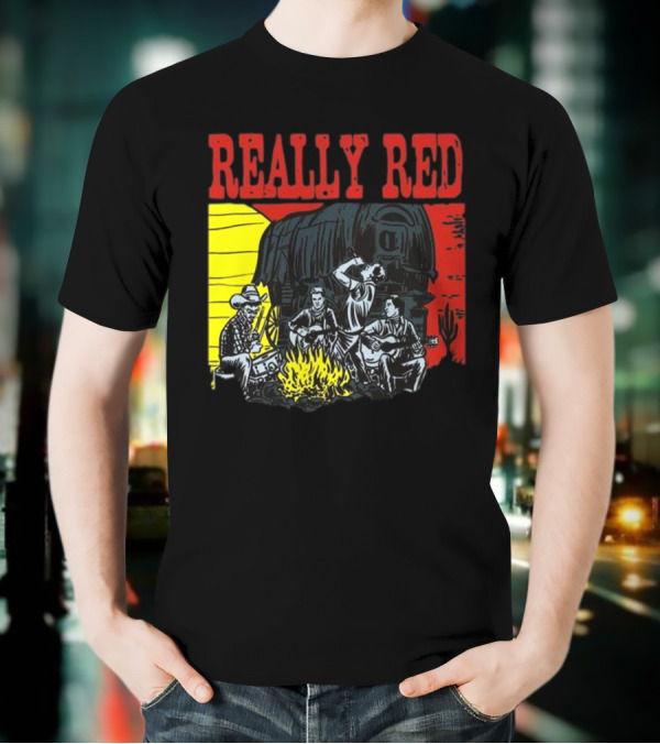 Really Red Cow Punks Campfire Scene With Musical Cowboys And Wagon T-Shirt