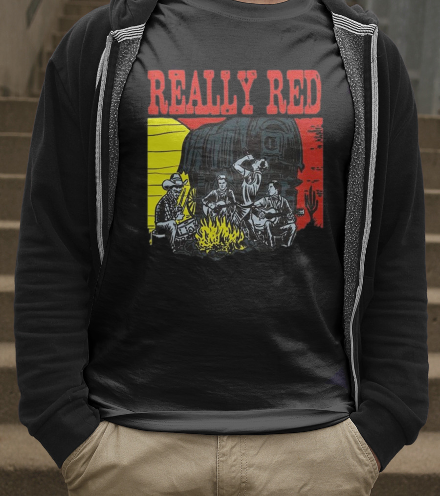 Really Red Cow Punks Campfire Scene With Musical Cowboys And Wagon T-Shirt