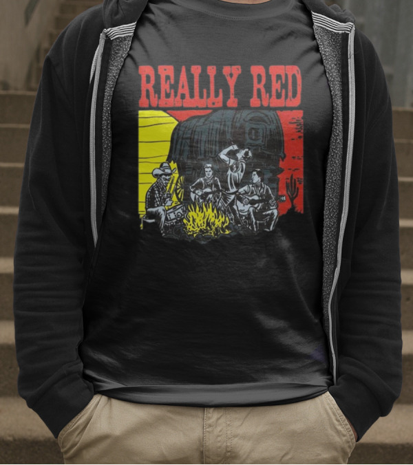 Really Red Cow Punks Campfire Scene With Musical Cowboys And Wagon T-Shirt
