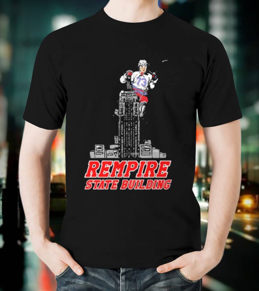 Rempire State Building Red And Blue Hockey Player Skyscraper Concept T-Shirt