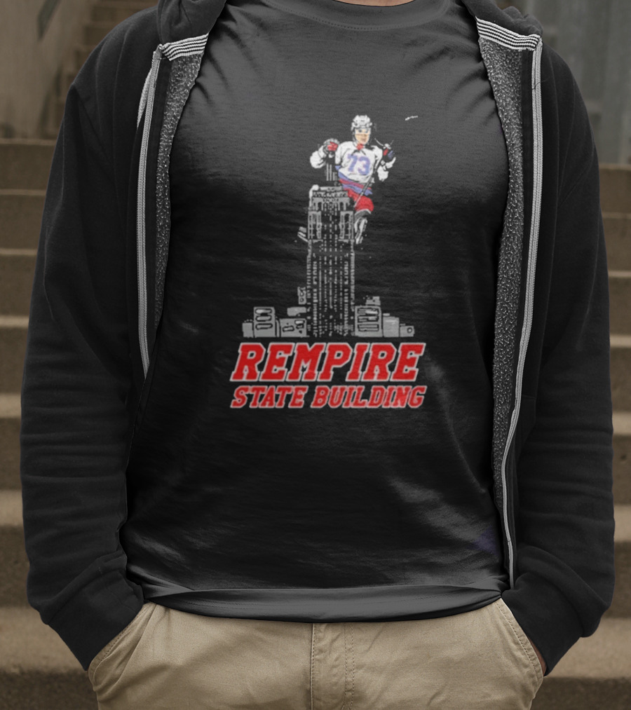 Rempire State Building Red And Blue Hockey Player Skyscraper Concept T-Shirt